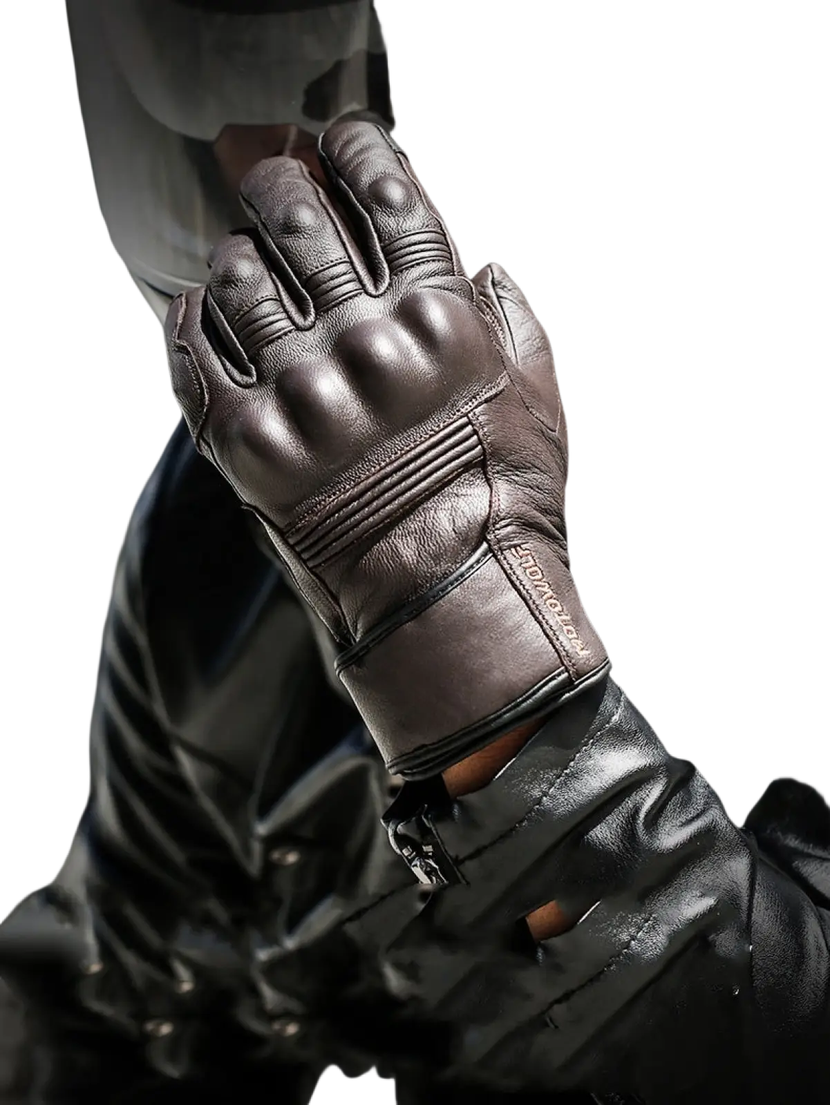Dark brown leather men winter motorcycle glove back side with reinforced knuckle padding and stitched detailing