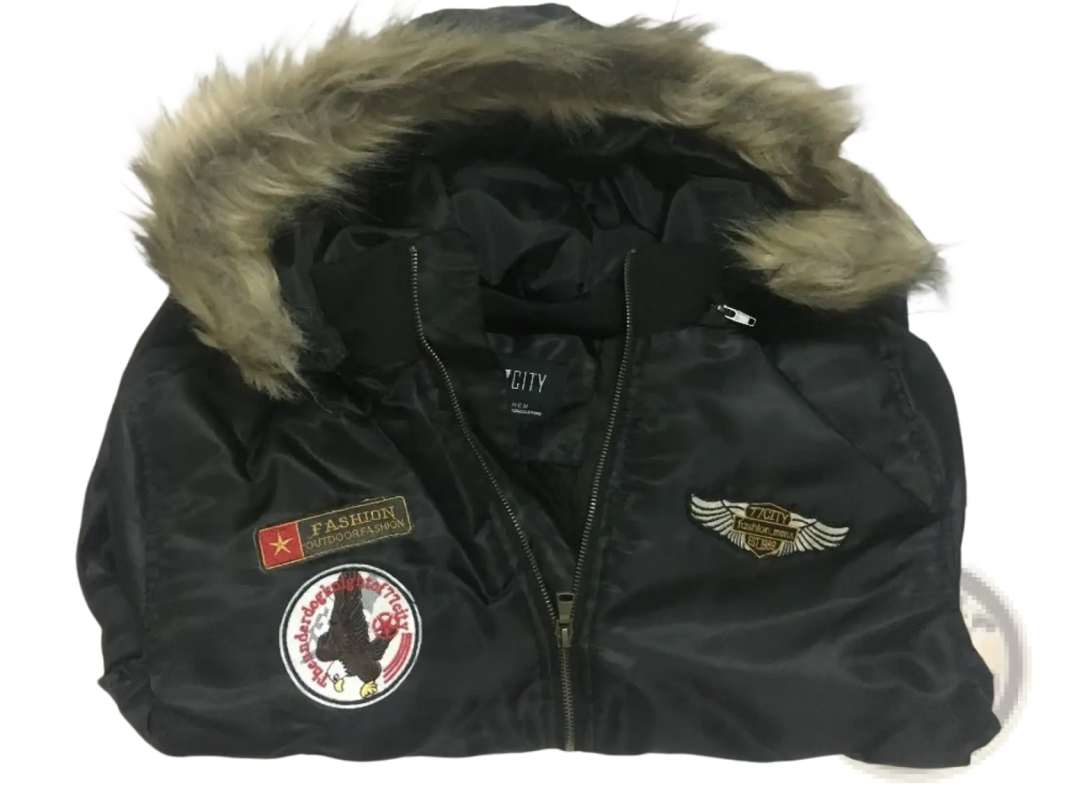 Men winter military bomber jacket black puffer with wool lining, faux fur hood, and embroidered chest patches
