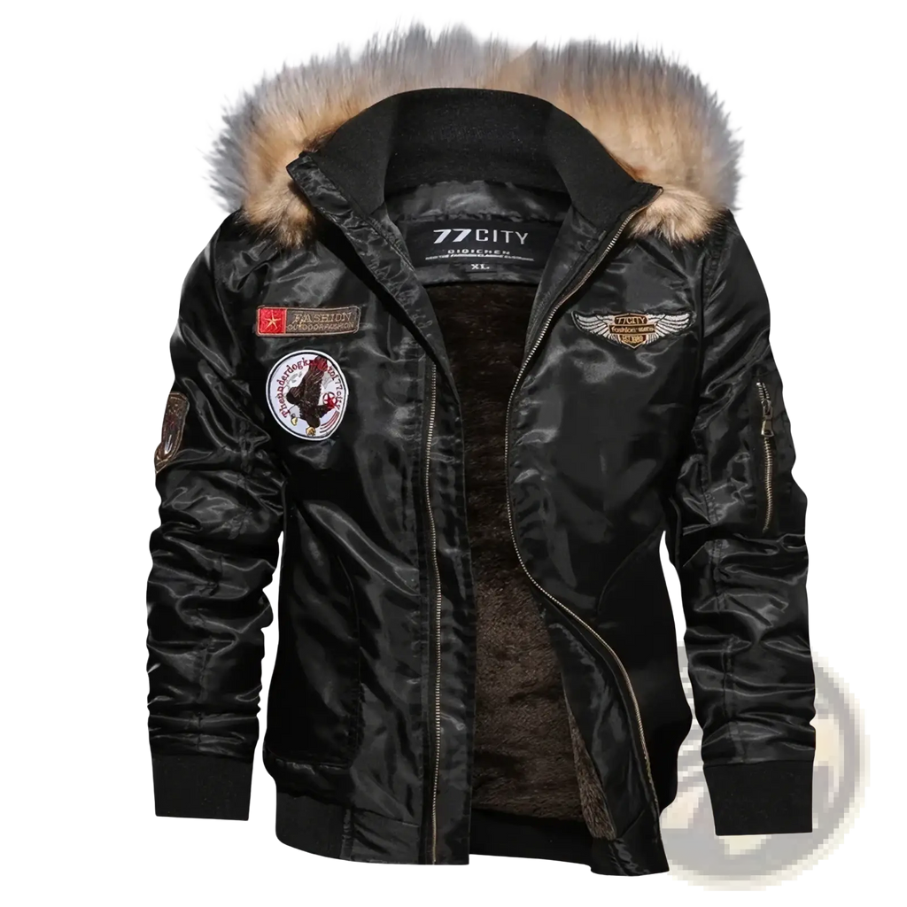 Men winter military bomber jacket in black satin with tan fur-lined hood and embroidered patches wool lined parka