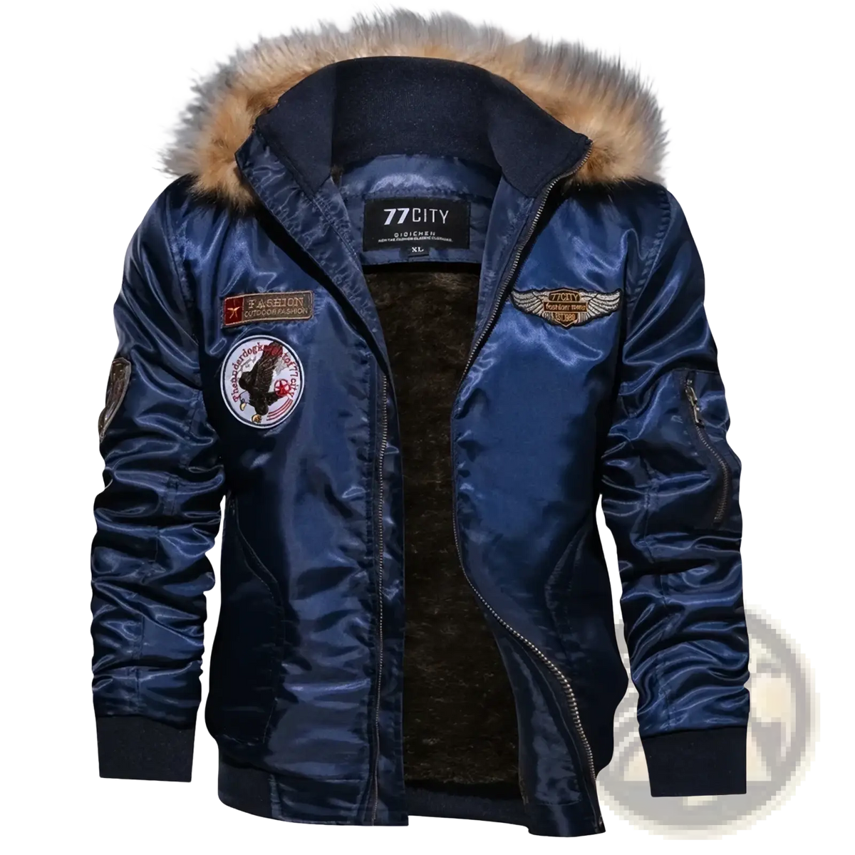 Navy blue satin men winter military bomber jacket with wool lining, faux fur hood, and embroidered patches