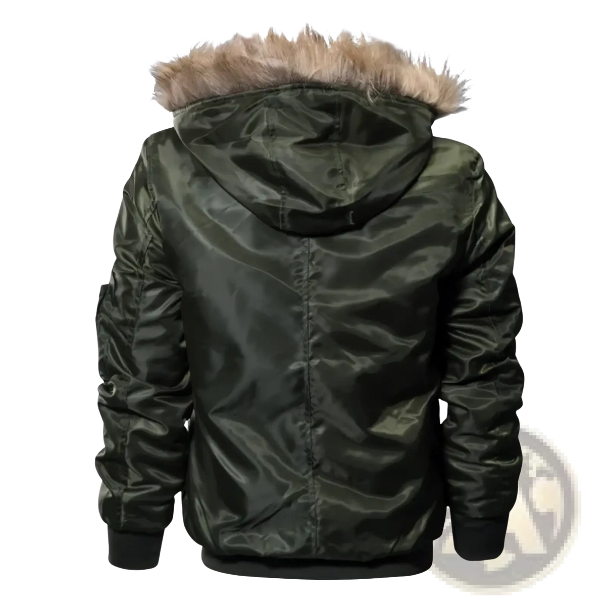 Olive green satin men winter military bomber jacket with tan fur lined hood and wool lining for cold weather use