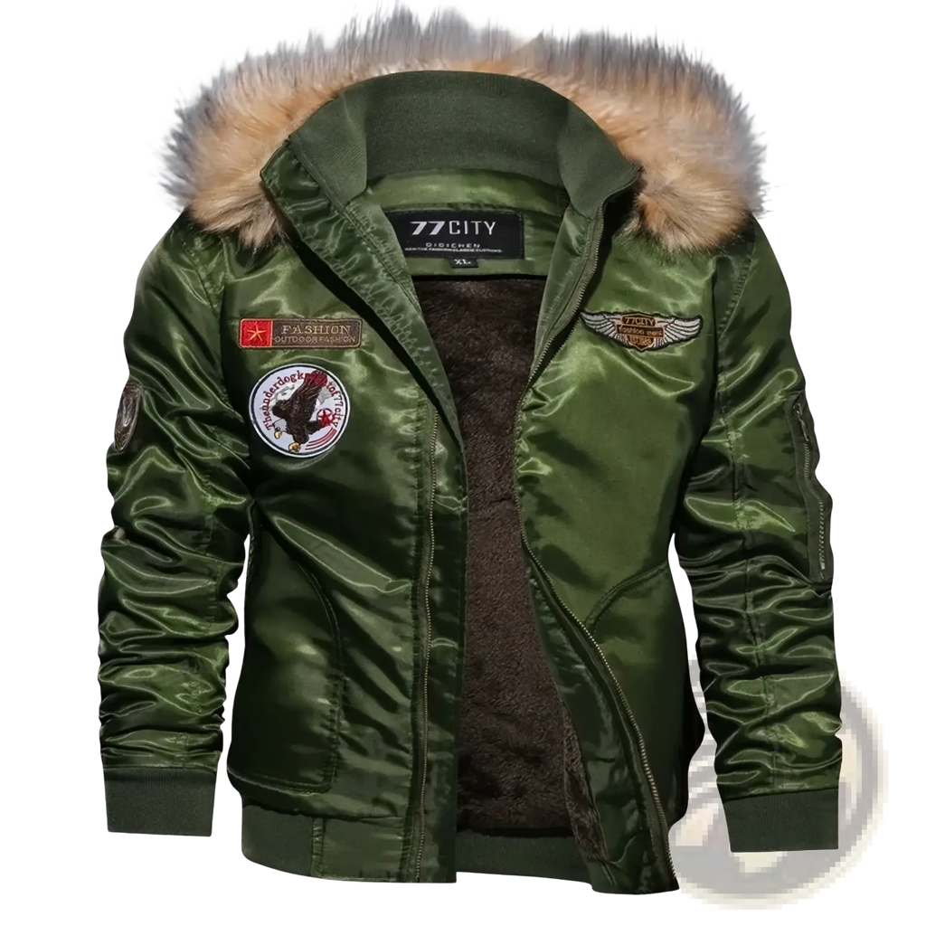 Men winter military bomber jacket in olive green satin with faux fur-lined hood and embroidered patches
