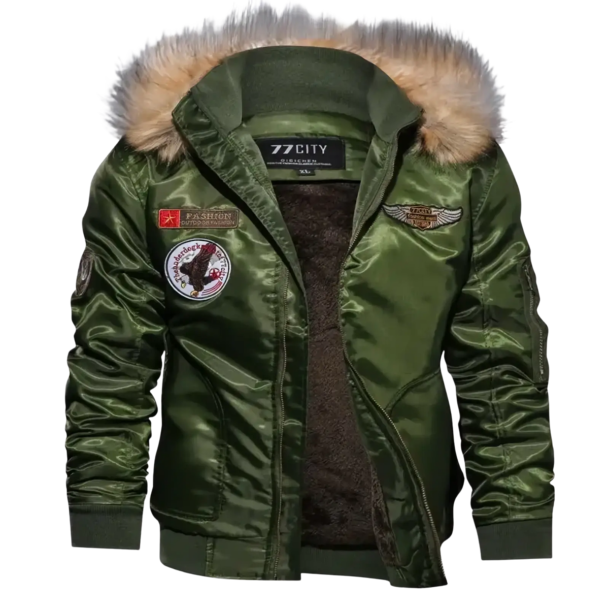 Men winter military olive green satin bomber jacket with wool lining, faux fur hood, and embroidered patches