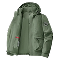 Olive green men winter padded loose fit jacket with waterproof hood circular patch and red zipper accents