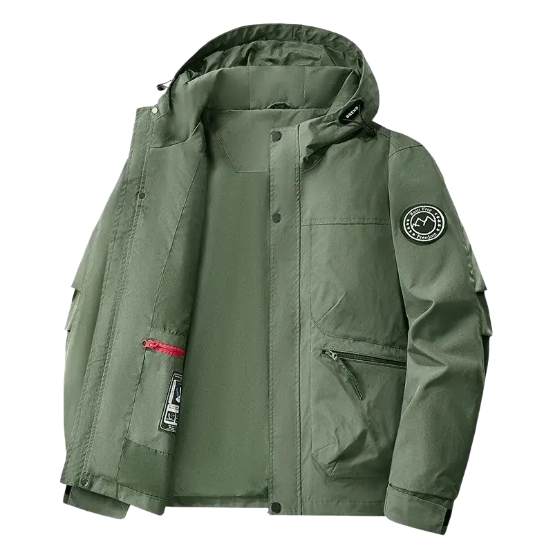 Olive green men winter padded loose fit jacket with waterproof hood circular patch and red zipper accents