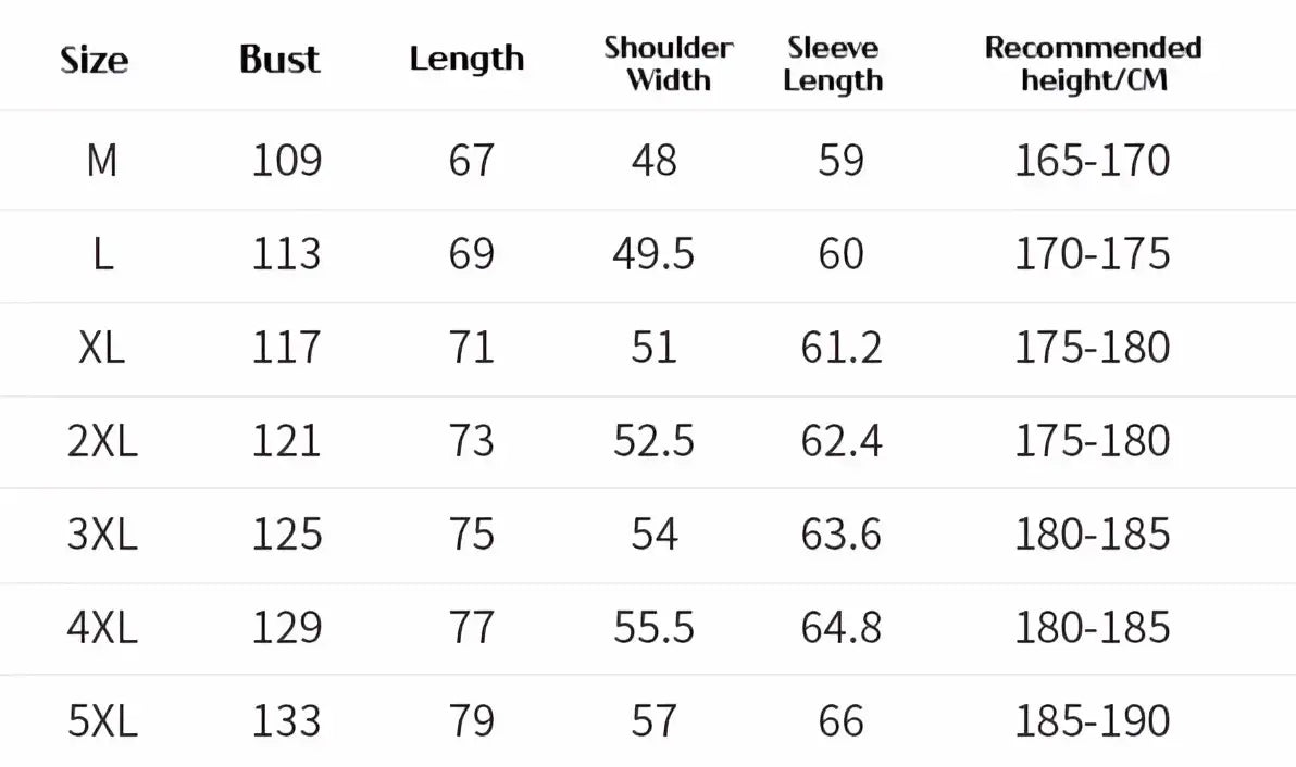 The table displays a size chart in centimeters for men winter padded jacket loose fit hooded coat sizes m to 5xl