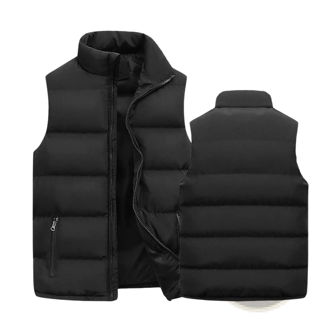 Men winter black waterproof puffer vest with high collar, horizontal stitching, front zipper, and side pockets