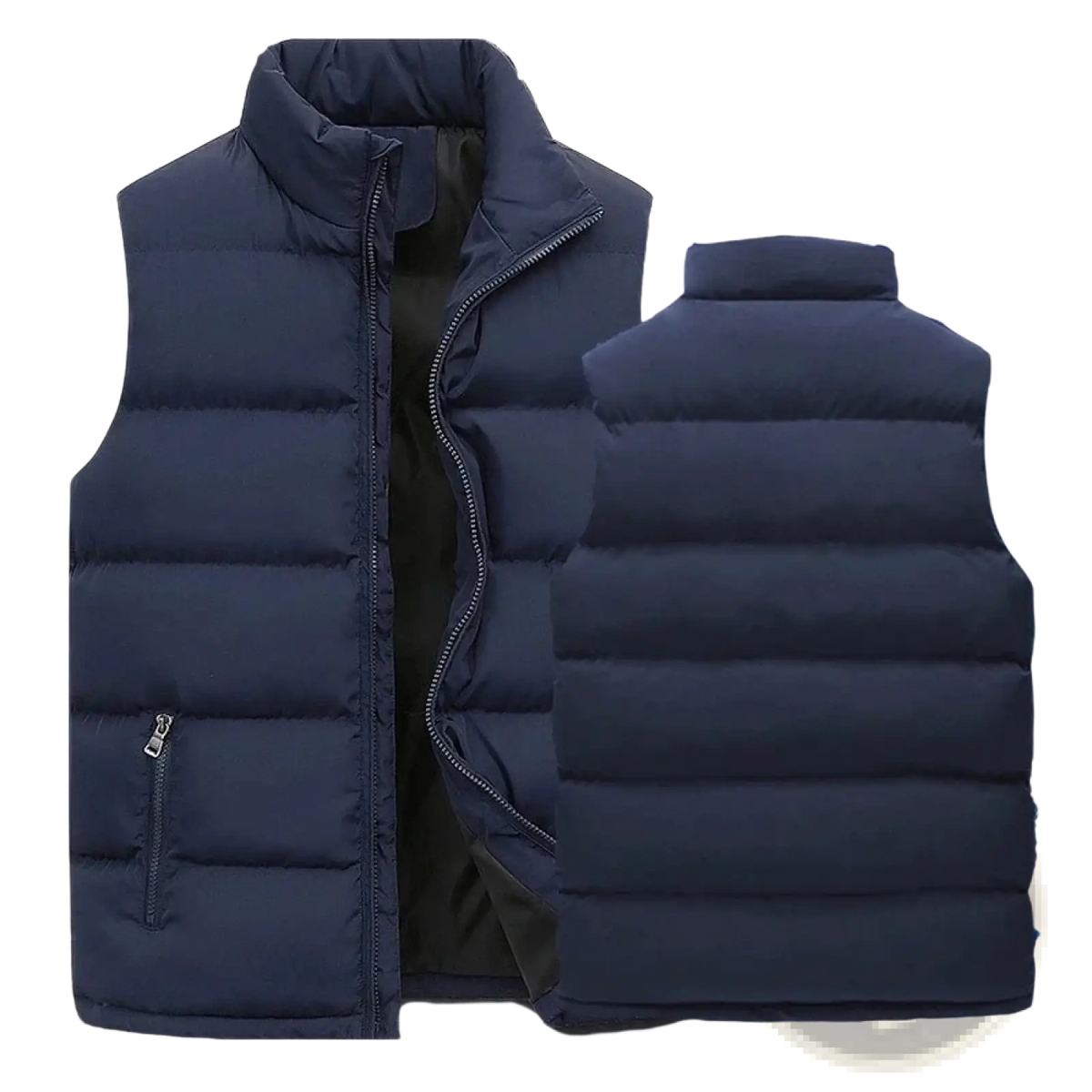 Navy blue quilted waterproof men winter puffer vest with high collar and front zipper for casual wear