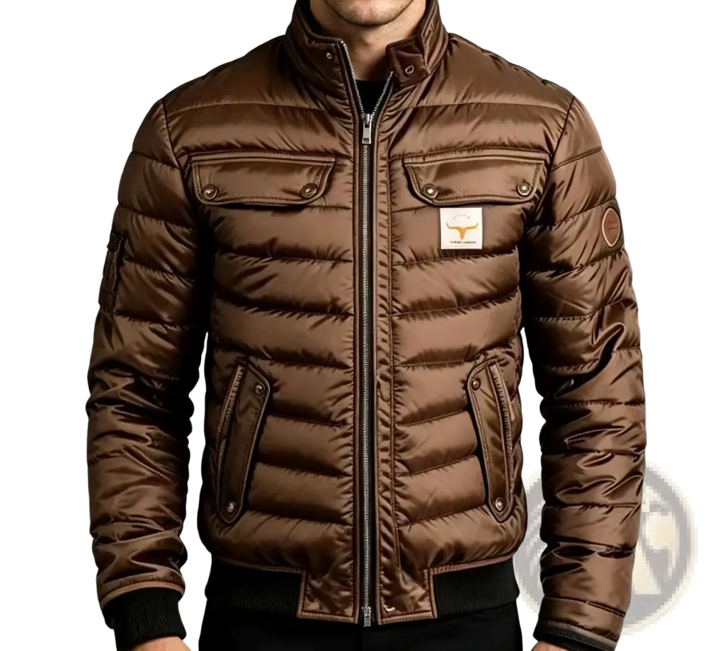 Men winter quilted faux leather bomber jacket in brown with stand-up collar and buttoned flap pockets