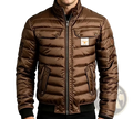 Men winter quilted faux leather bomber jacket in brown with stand-up collar and buttoned flap pockets
