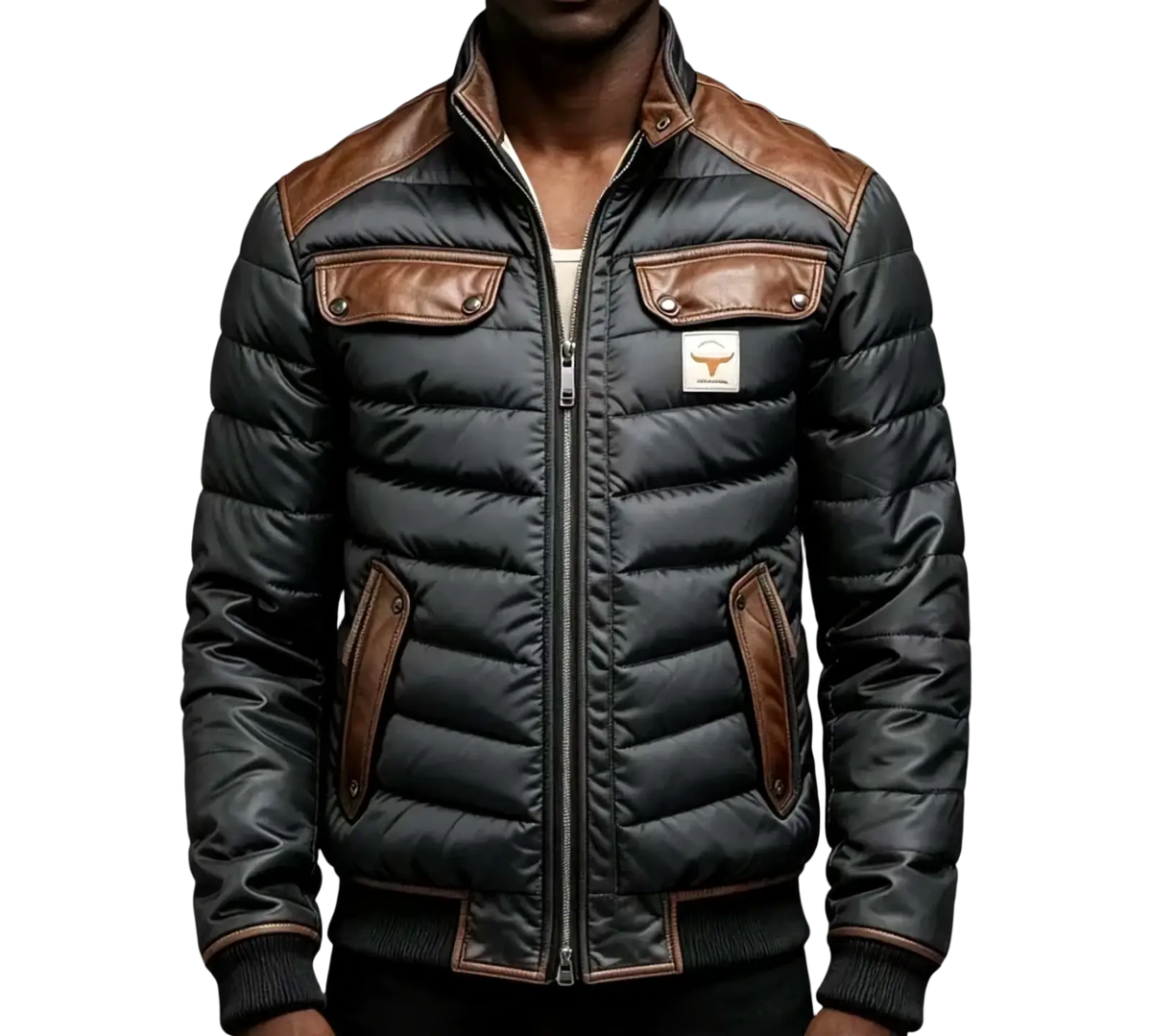 Men winter quilted faux leather bomber jacket in black with brown leather accents on shoulders chest pockets and side seams