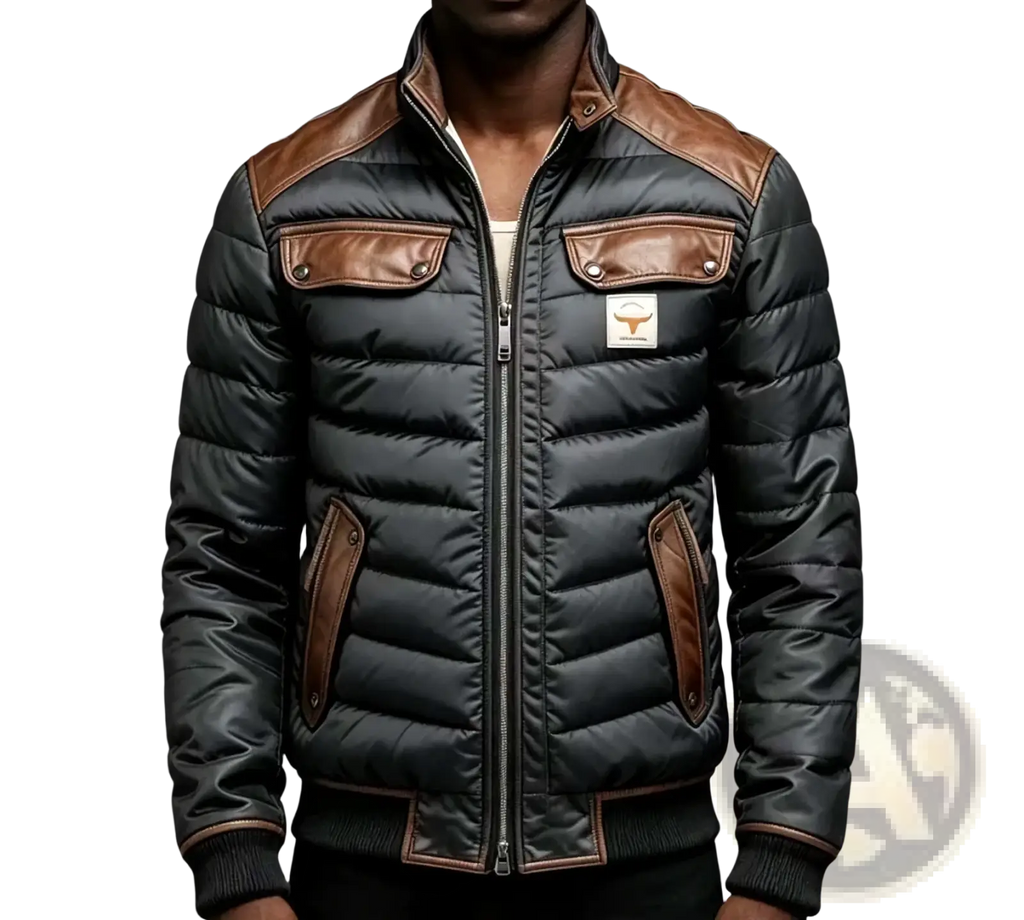 Men winter quilted faux leather bomber jacket in black with brown leather accents on shoulders chest pockets and side seams