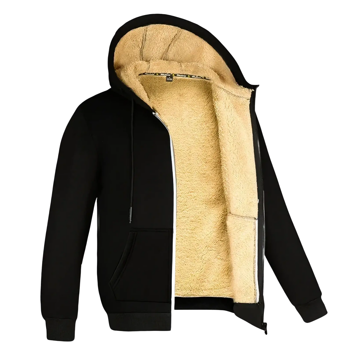 Men winter sherpa fleece zip hoodie in black with plush tan sherpa lining and front pockets for cold weather