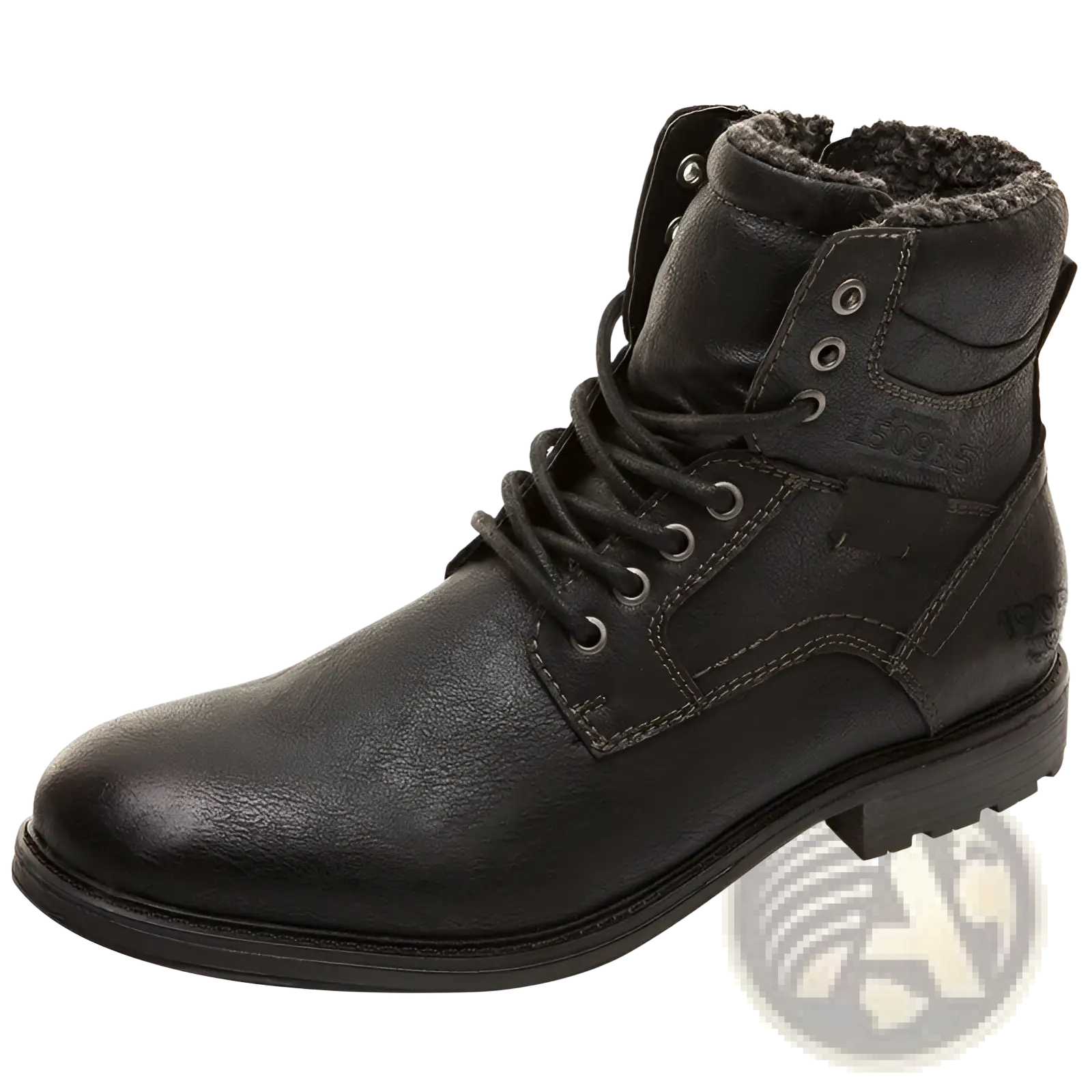 Men winter snow boots black leather ankle boot with plush dark gray fleece lining and silver-toned eyelets
