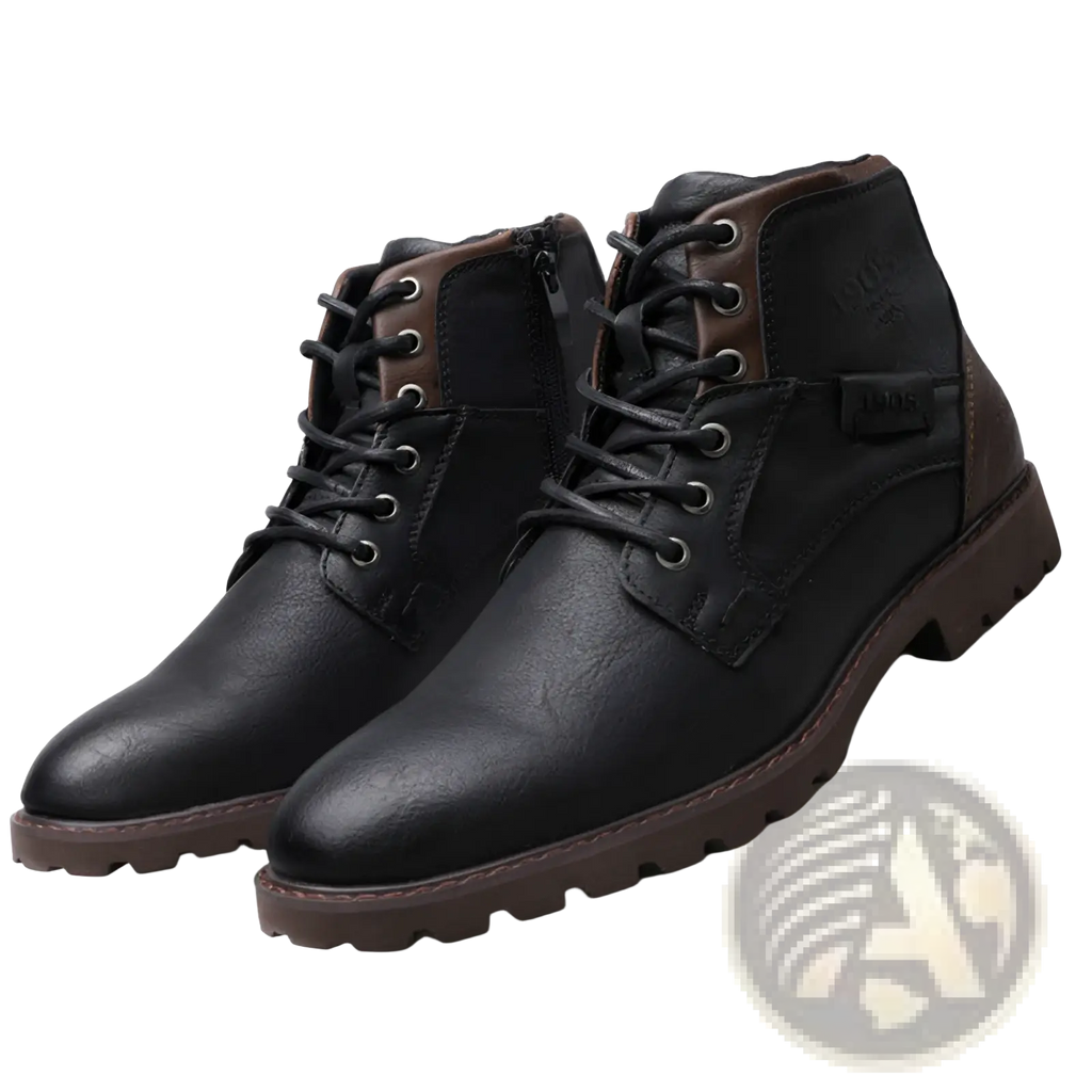 Men winter snow boots leather fleece warm martin shoes in black and brown leather with rugged sole and lace-up design