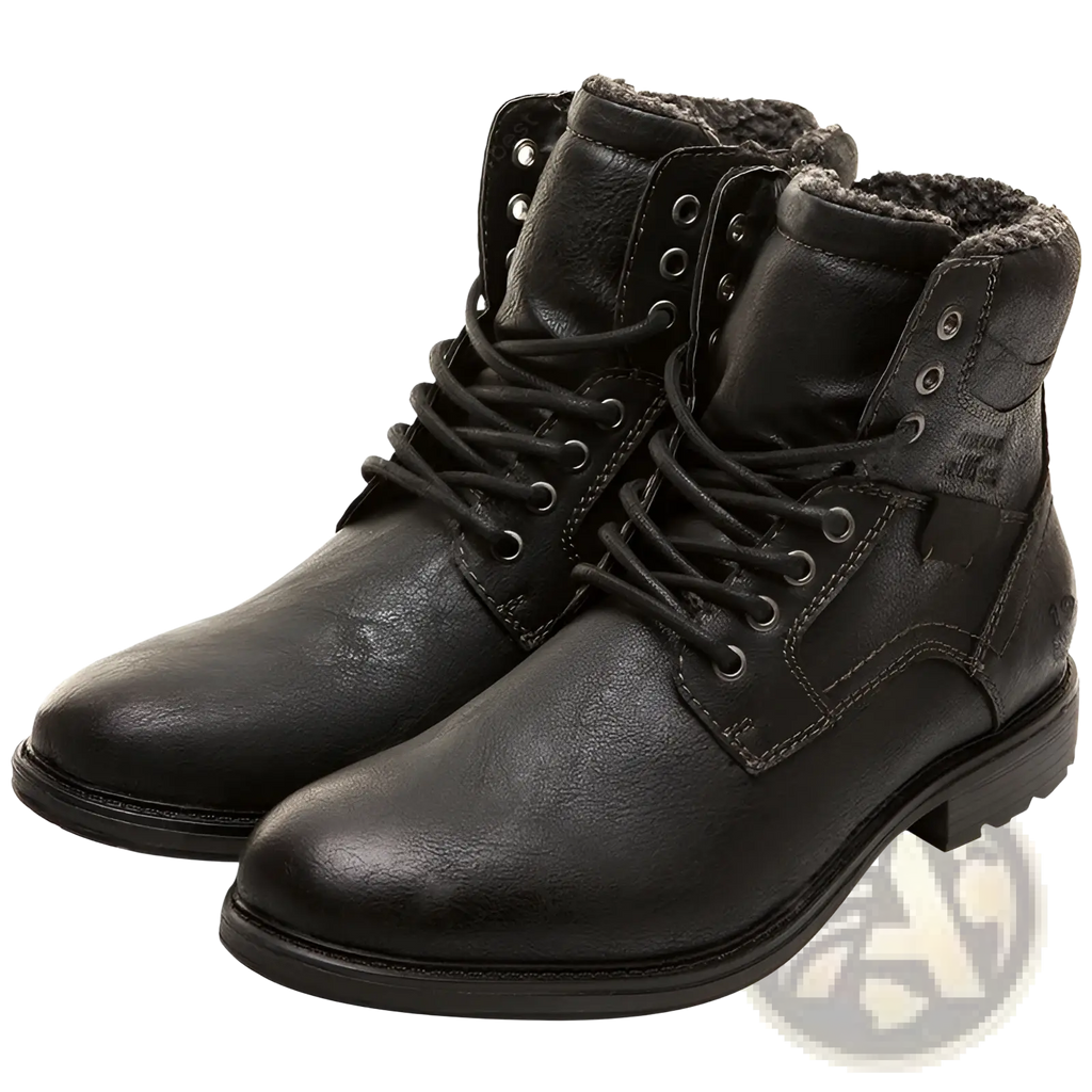 Men winter snow boots leather fleece warm martin shoes in black leather with lace-up design and plush fuzzy lining