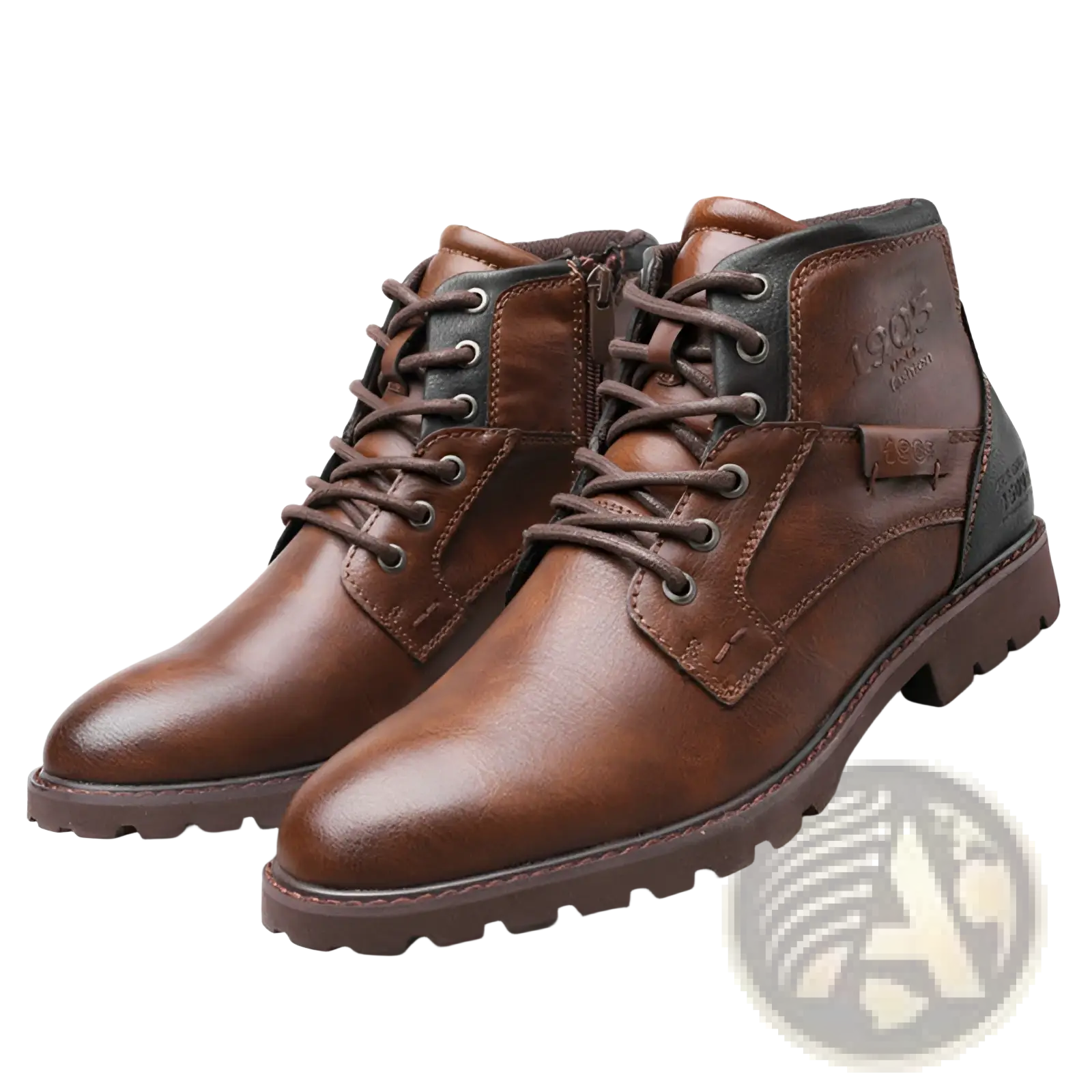 Men winter snow boots leather fleece warm martin shoes in brown leather with dark brown accents and rugged sole