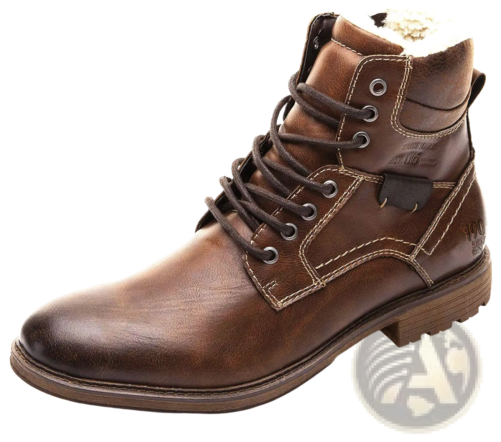 Brown leather men winter snow ankle boot with dark laces fleece warm martin shoes textured sole