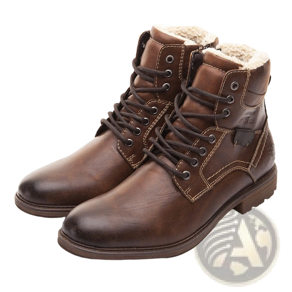 Men winter snow boots brown leather ankle boots with dark laces and plush light-colored fleece lining