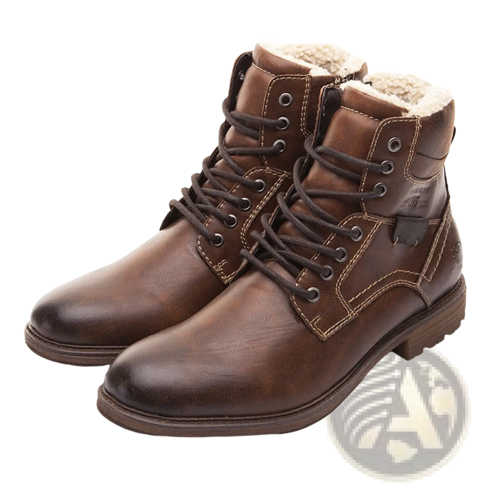 Men winter snow boots brown leather ankle boots with dark laces and plush light-colored fleece lining