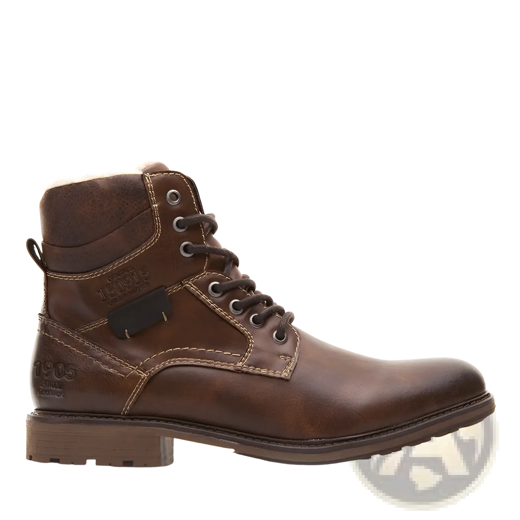 Brown leather men winter snow boot with dark laces fleece lining and sturdy rubber sole for cold weather use