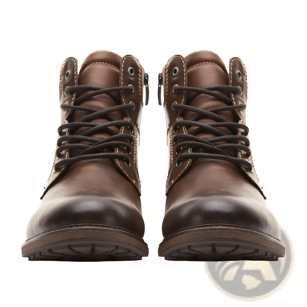Men winter snow boots brown leather lace-up with black laces rugged sole fleece warm martin shoes front view