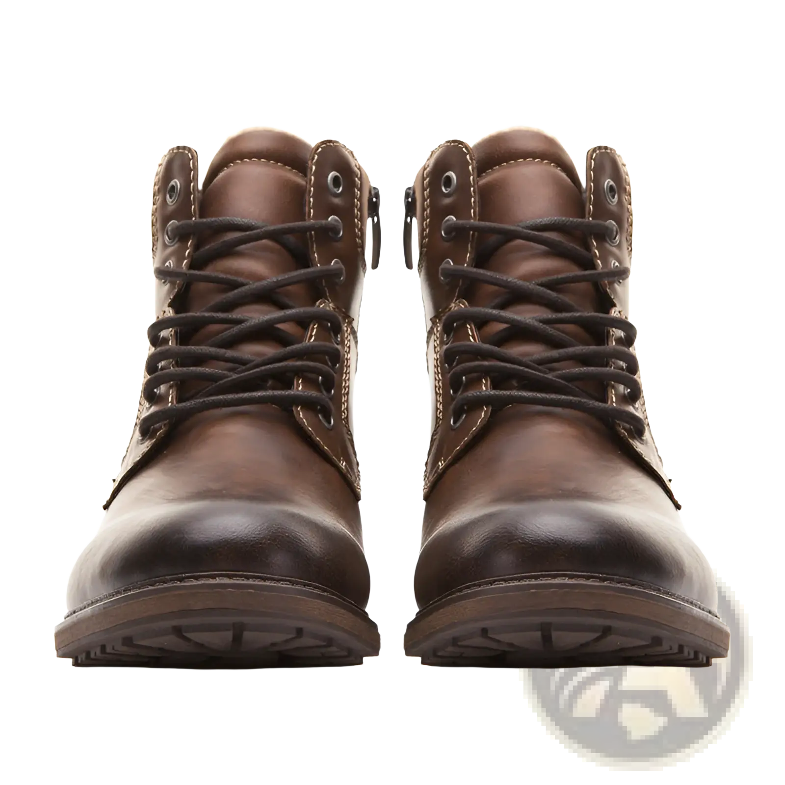 Men winter snow boots brown leather lace-up with black laces rugged sole fleece warm martin shoes front view