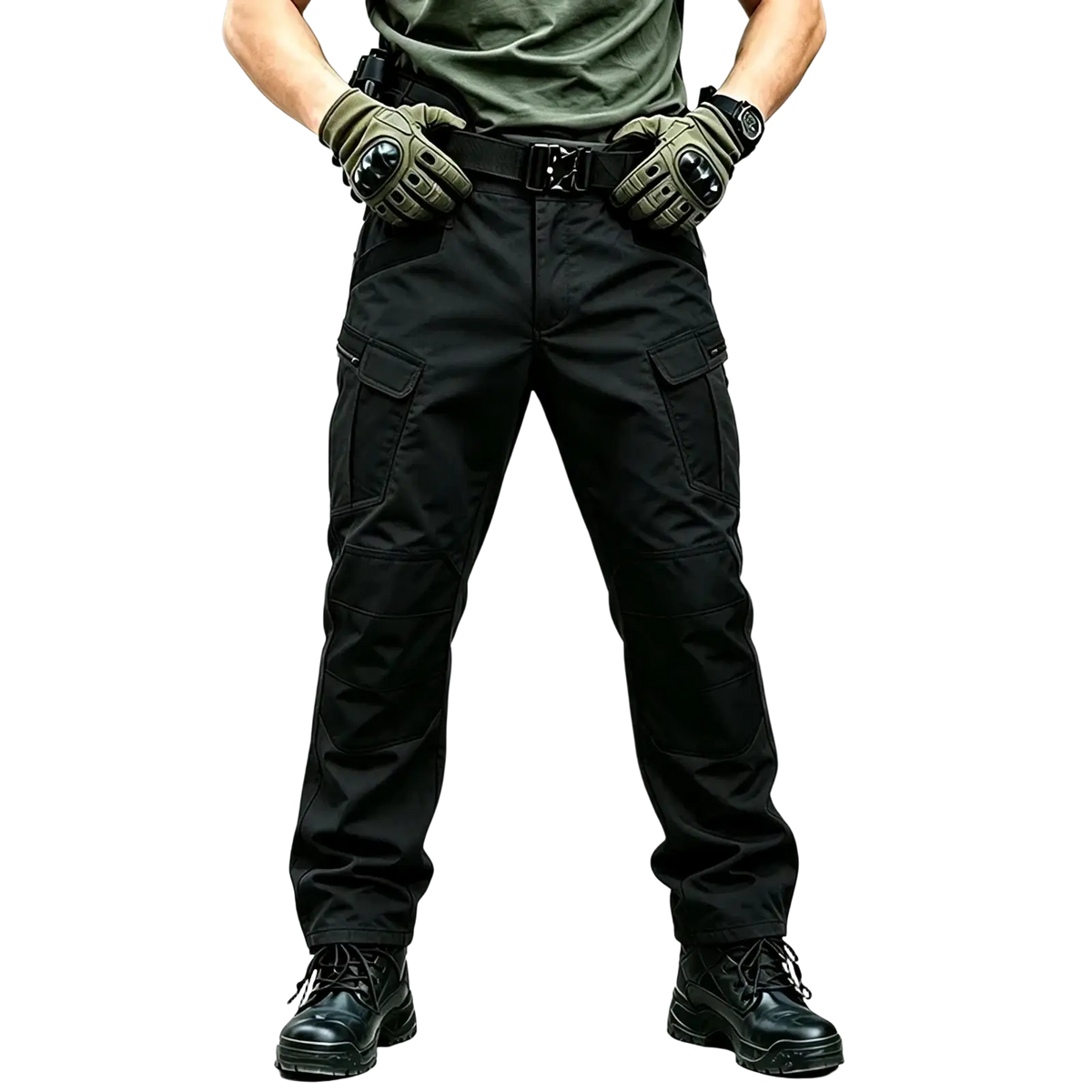 Black men winter tactical cargo pants with multiple pockets and reinforced stitching for waterproof hiking use