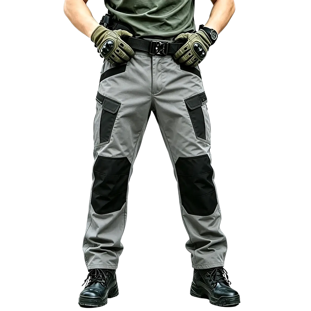 Gray men winter tactical cargo pants with black reinforced panels and multiple pockets for waterproof hiking use
