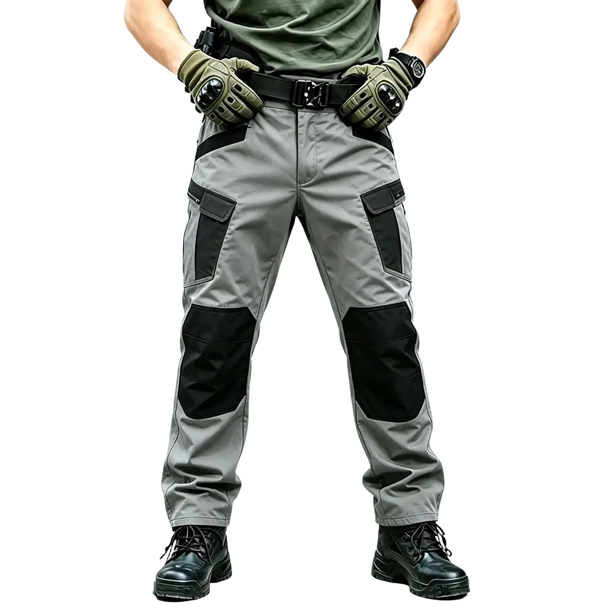 Men winter tactical cargo pants in gray with black reinforced knee and thigh panels and multiple utility pockets