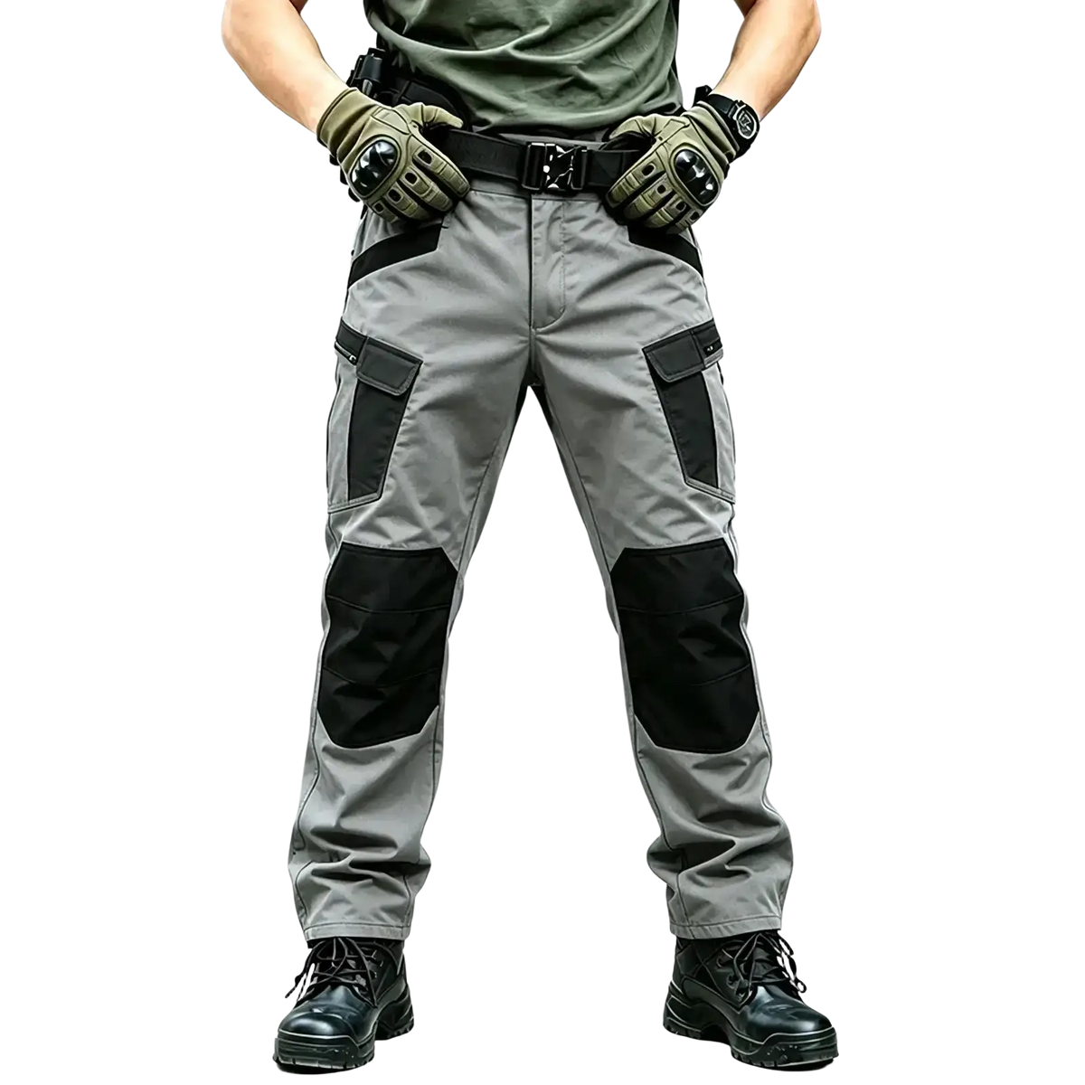 Men winter tactical cargo pants in gray with black reinforced knee patches and multiple cargo pockets for hiking