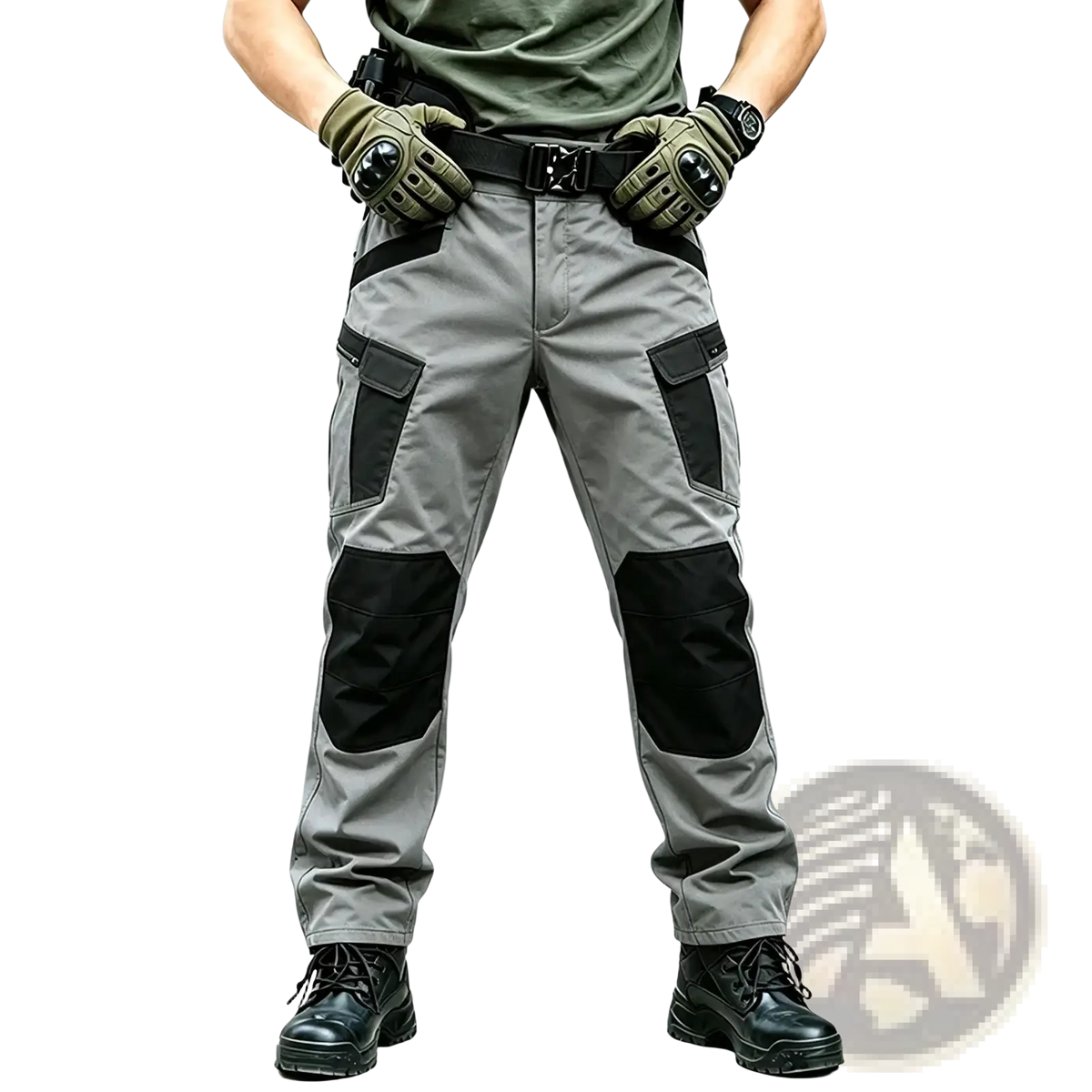 Gray men winter tactical cargo pants with black reinforced panels and multiple pockets for waterproof hiking use