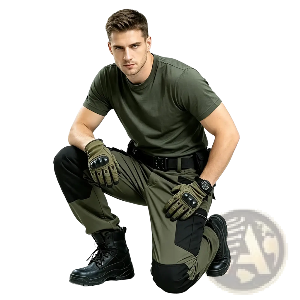 Men winter tactical cargo pants in olive green with waterproof fabric black reinforced knee patches and side pockets