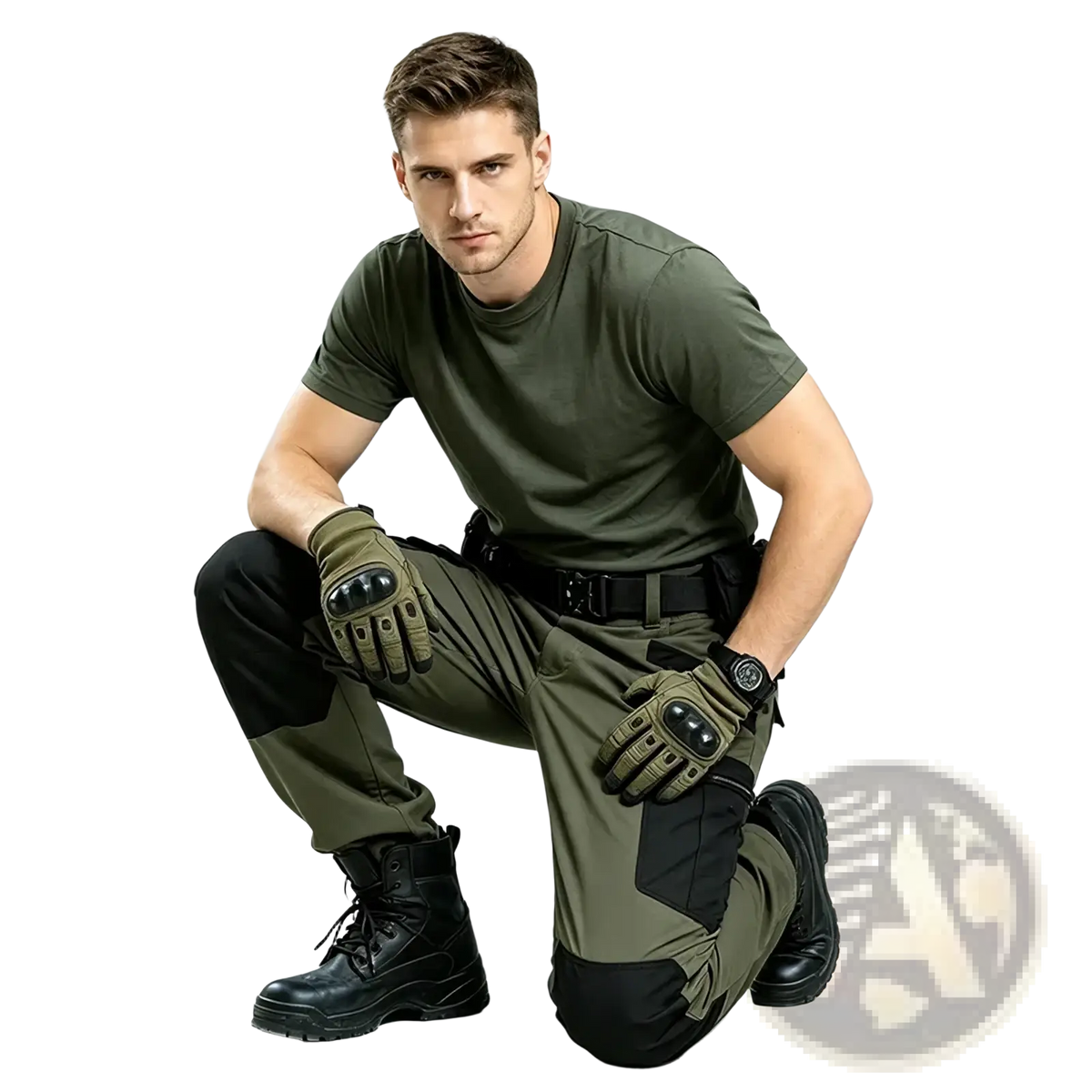 Men winter tactical cargo pants in olive green with waterproof fabric black reinforced knee patches and side pockets