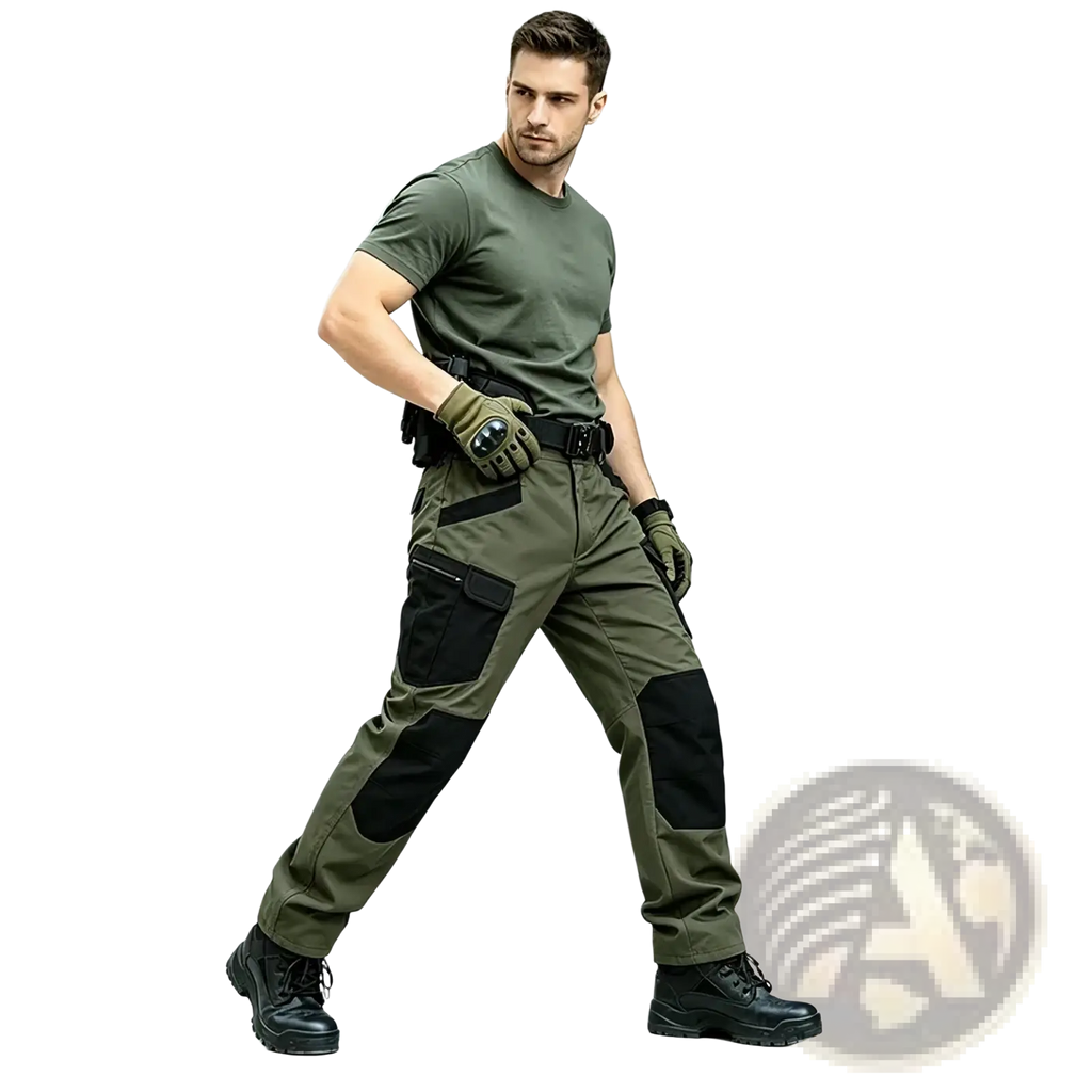 Olive green men winter tactical cargo pants with waterproof fabric black reinforced knee patches and multiple pockets