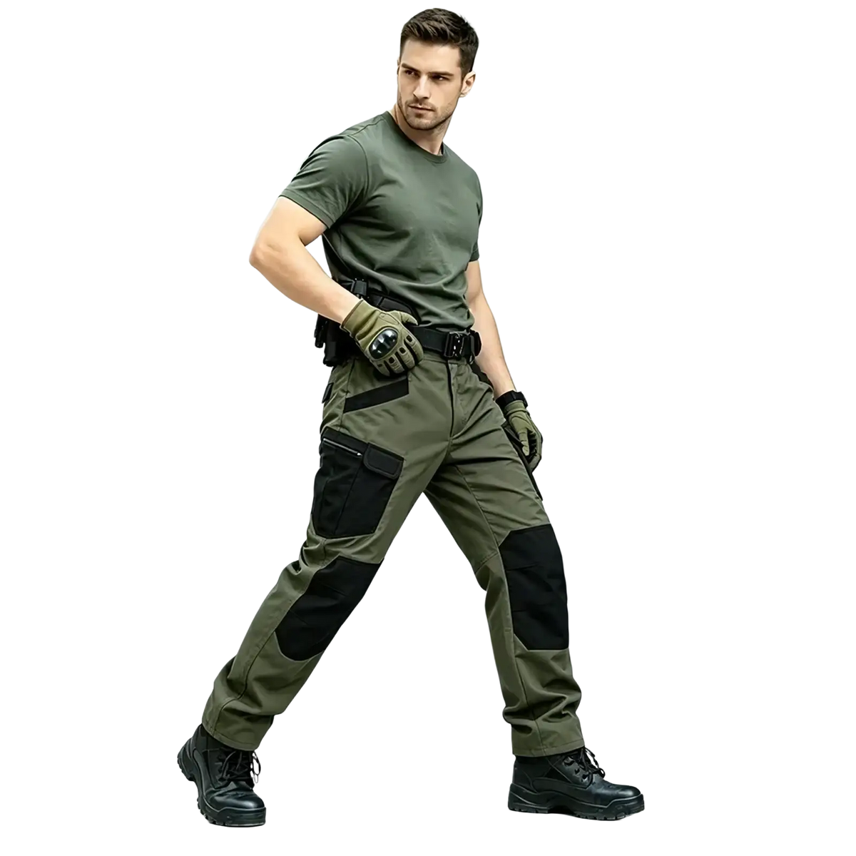Olive green men winter tactical cargo pants with waterproof fabric, black reinforced knee patches, and multiple utility pockets