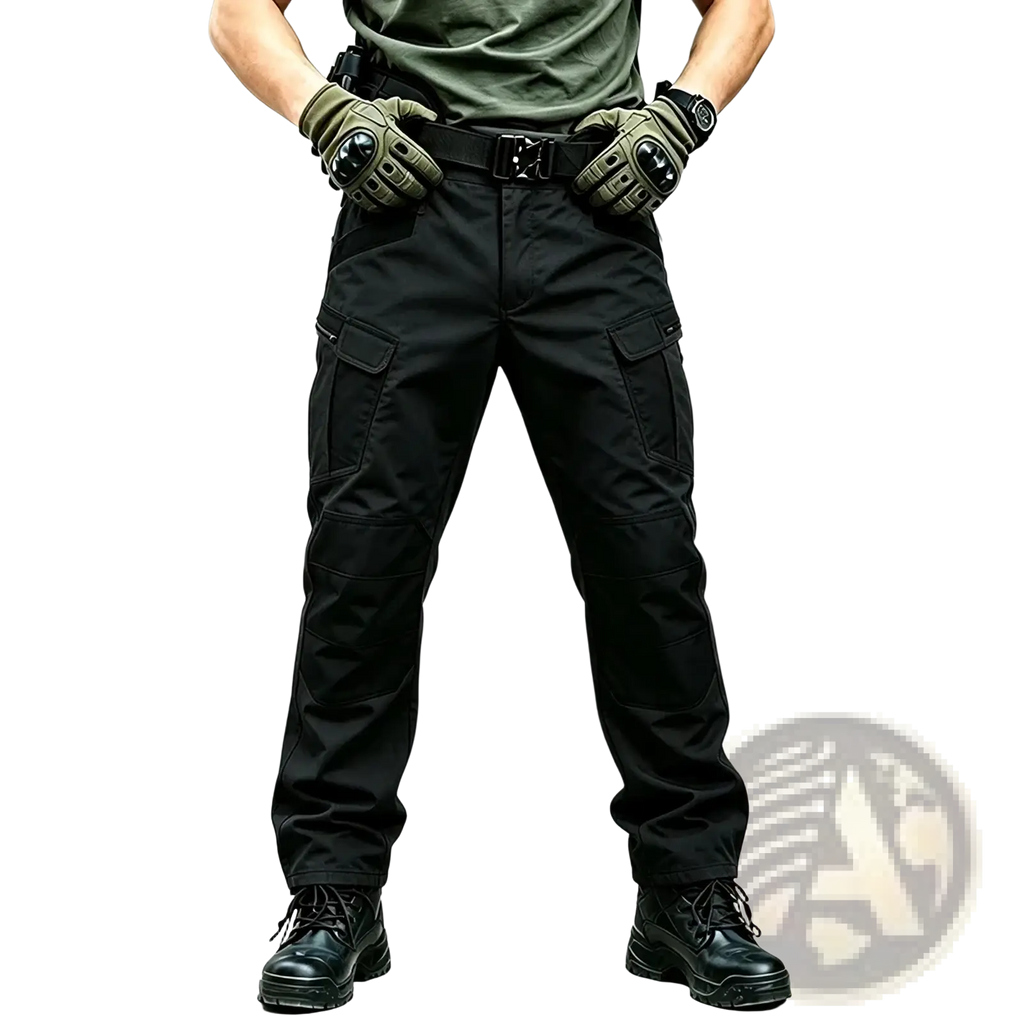 Black men winter tactical cargo pants with multiple pockets and reinforced stitching for waterproof hiking use