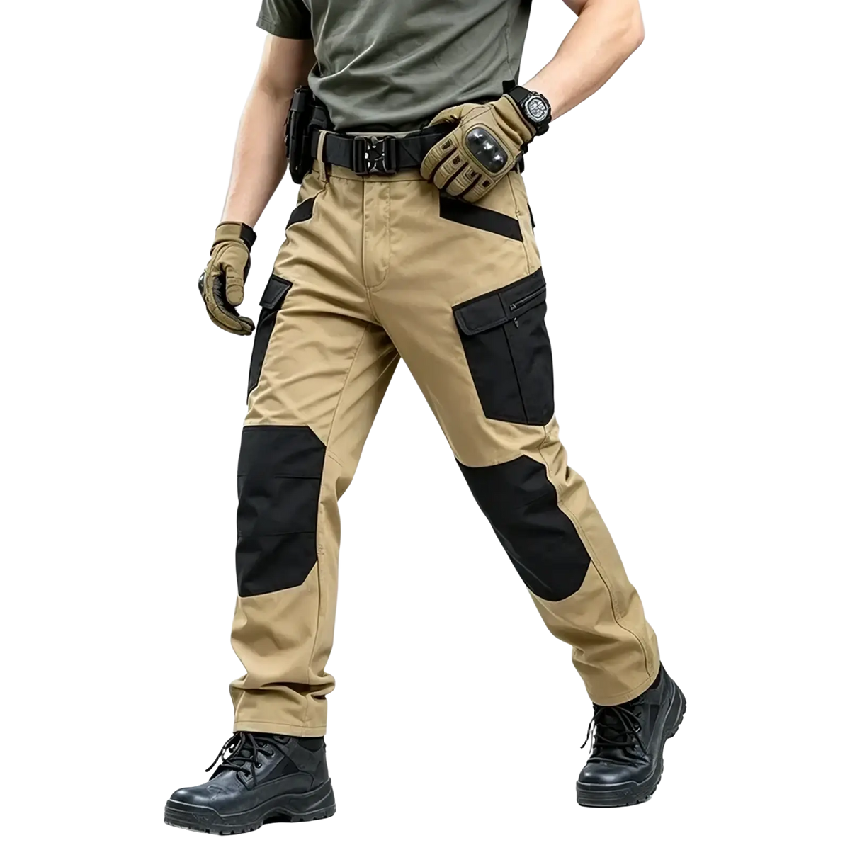 Men winter tactical cargo pants in tan with black reinforced knee patches designed for waterproof hiking use