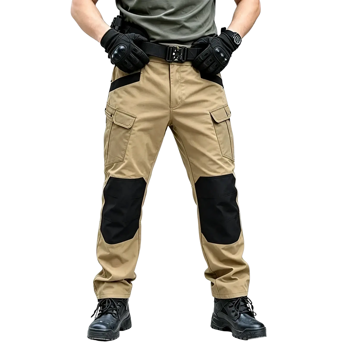 Tan men winter tactical cargo pants with black reinforced knee patches and multiple pockets for hiking use