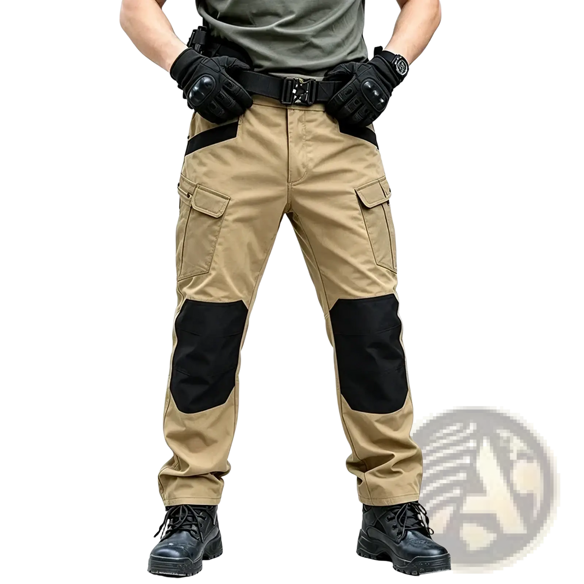Tan men winter tactical cargo pants with black reinforced knee patches and multiple pockets for hiking use