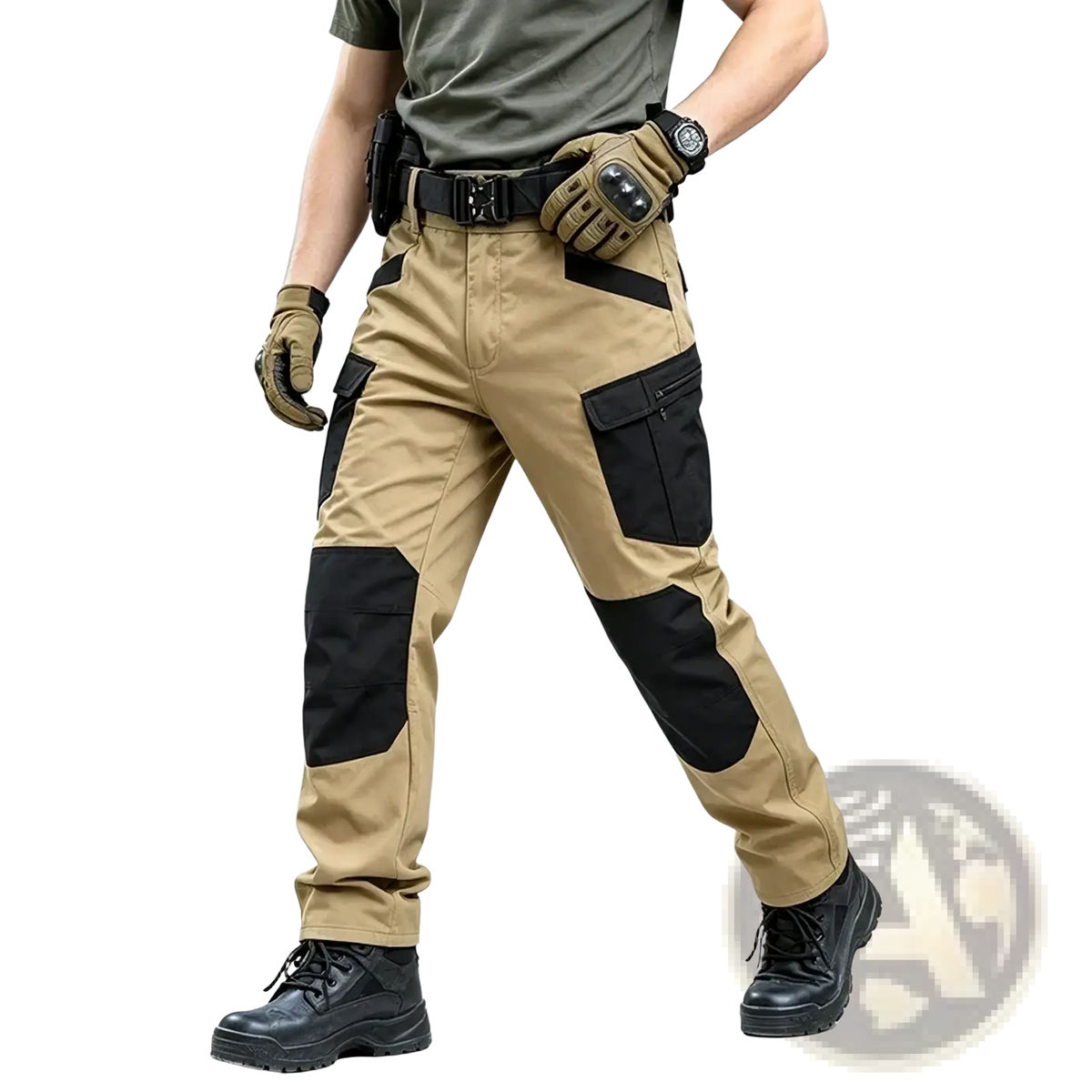 Men winter tactical cargo pants in tan with black reinforced panels and multiple utility compartments for hiking