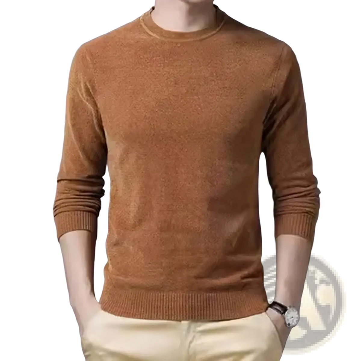 A warm caramel-colored men winter thermal knit sweater with ribbed crew neckline and cuffs made of plush material