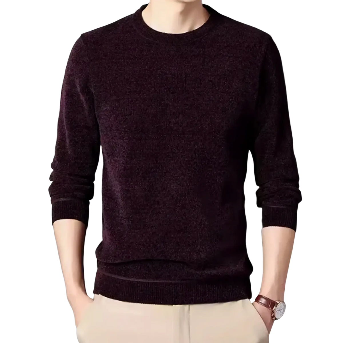 Dark burgundy men winter thermal knit sweater with soft textured knit and ribbed cuffs and hem plush pullover