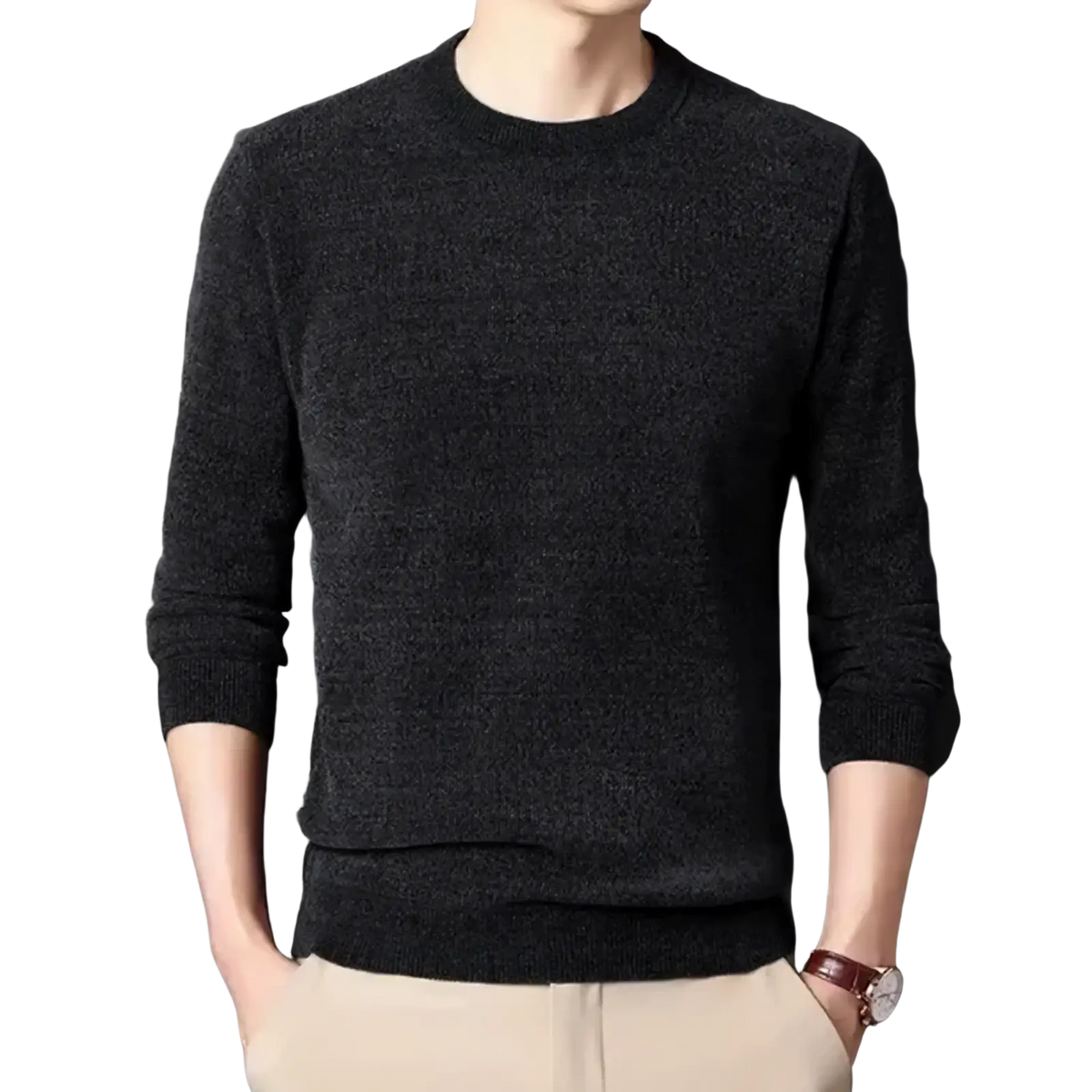 Men winter thermal knit sweater in dark gray textured plush fabric with ribbed cuffs and hem for warmth