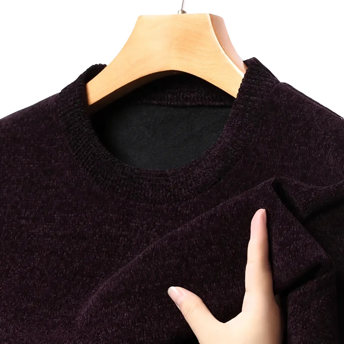 Men winter thermal knit sweater plush pullover in dark purple with ribbed crew neck and soft textured fabric