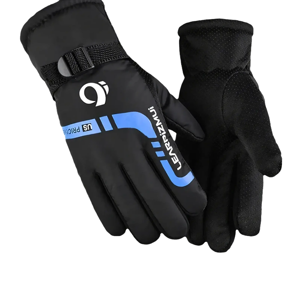Men winter touch screen leather gloves black with blue accents and adjustable wrist strap shown from the back side