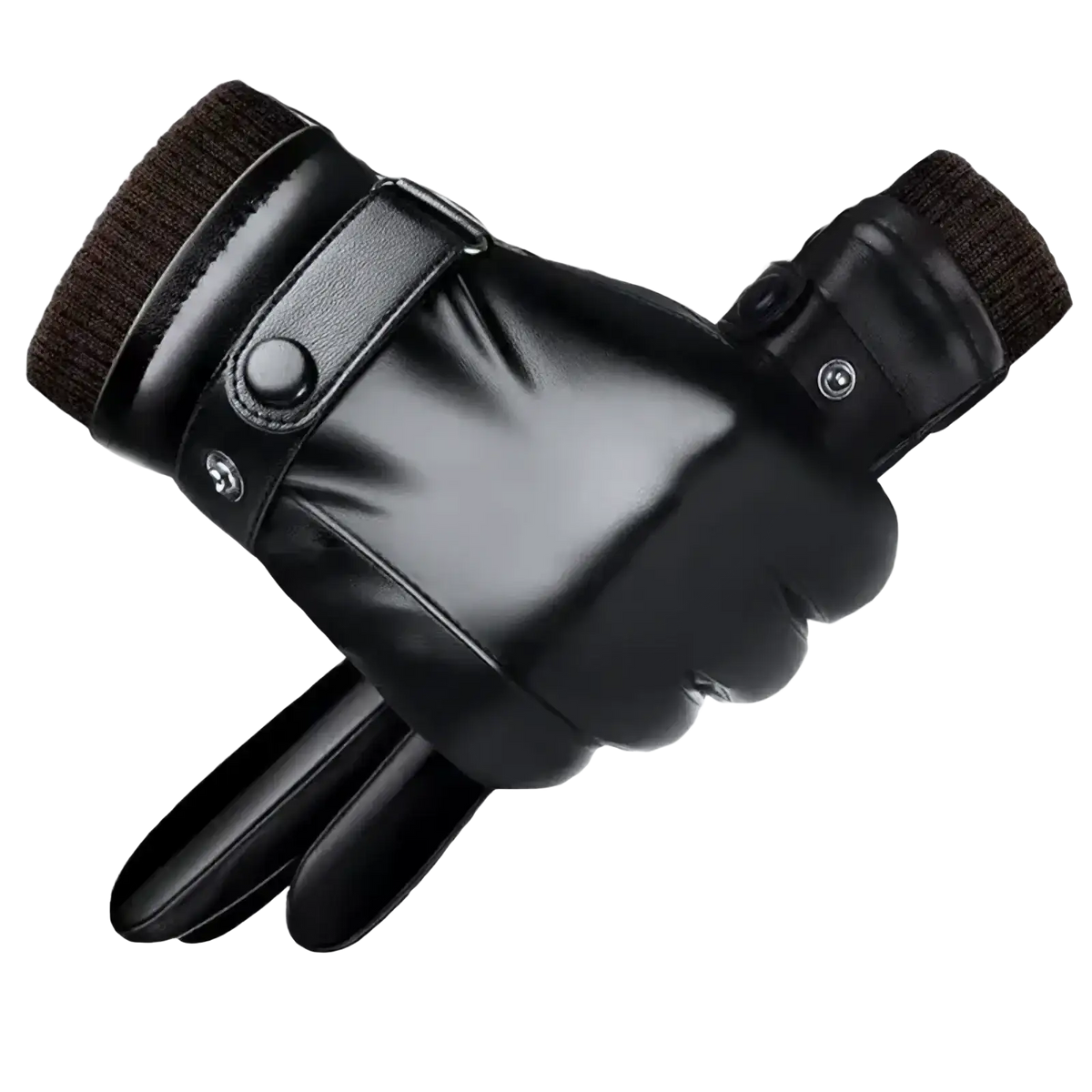 Black leather men winter touch screen gloves with ribbed knit cuff and snap closures for cold weather use
