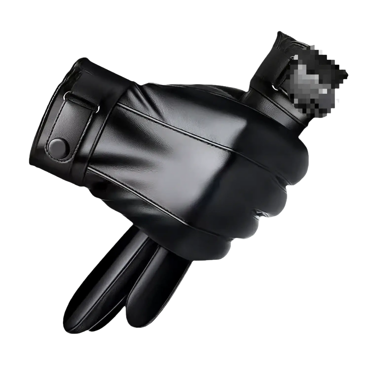 Men winter touch screen leather gloves in black with a sleek glossy finish and adjustable strap closure shown from the back