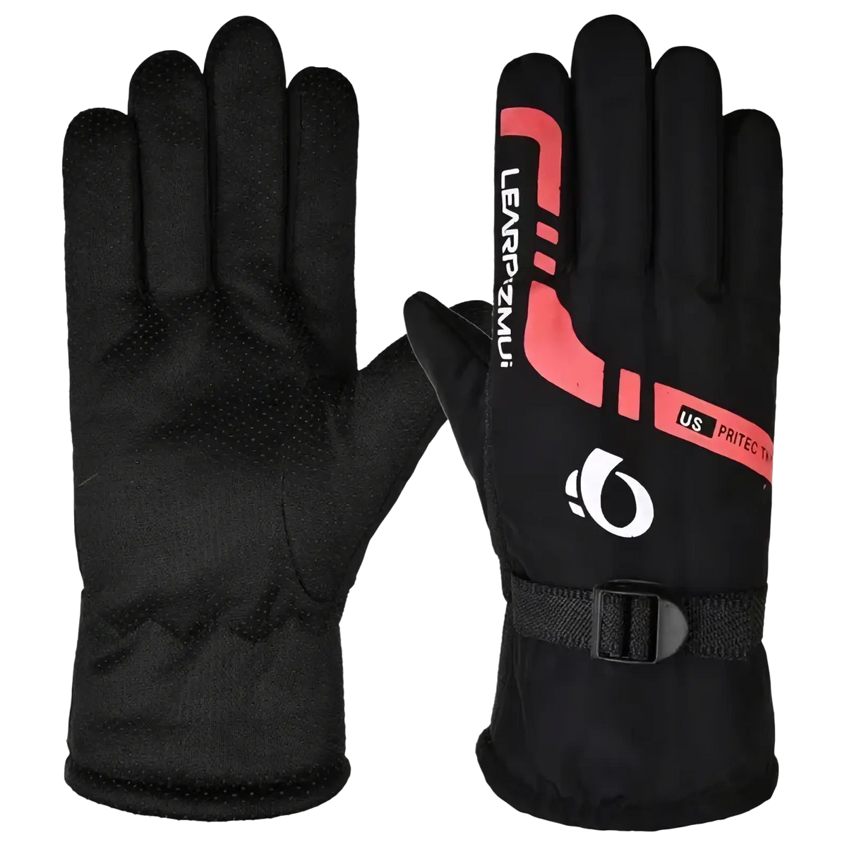 Black men winter touch screen leather gloves with red and white branding and an adjustable wrist strap, back view