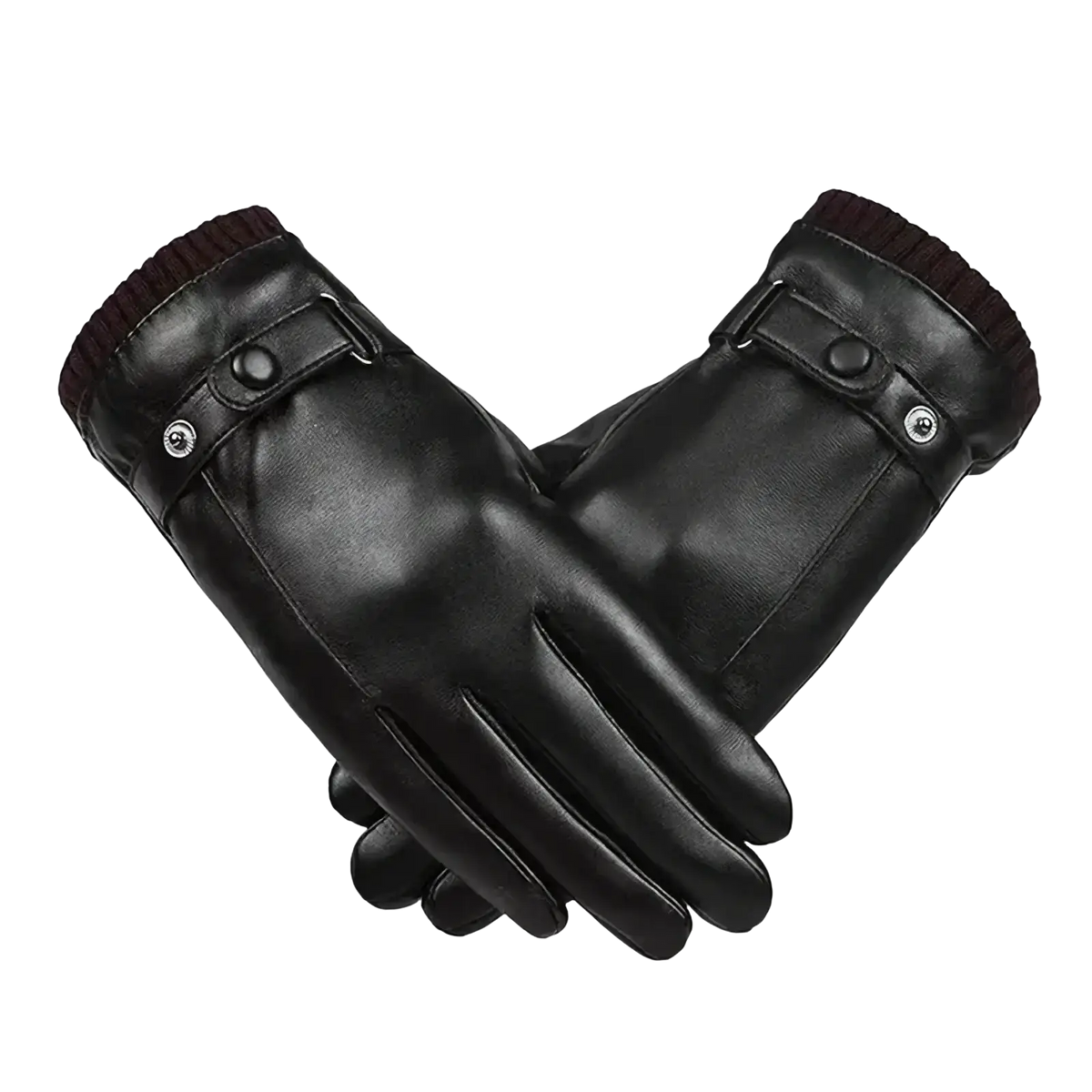 Black leather men winter touch screen gloves with ribbed cuff and snap-button fastening shown from the back side